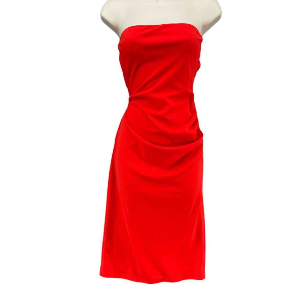 Olia Strapless Sheath Dress Red Side Ruched Stretch Knee Length Size S